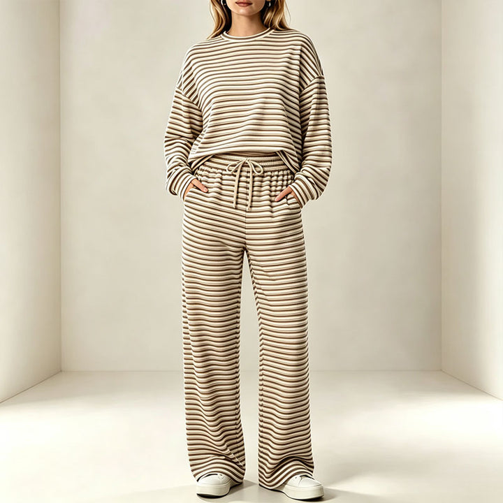 Autumn/Winter Striped Casual Long-Sleeve Top and High-Waisted Pants Set