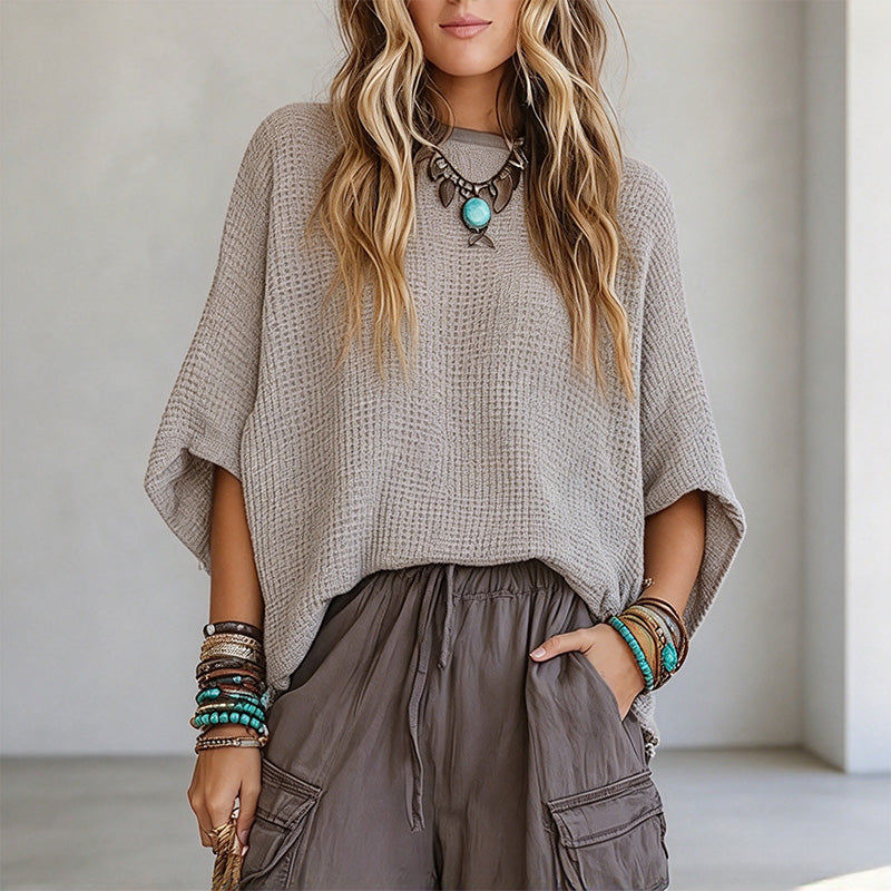 New Retro Waffle-Knit Batwing-Sleeve Top