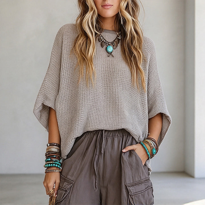 New Retro Waffle-Knit Batwing-Sleeve Top