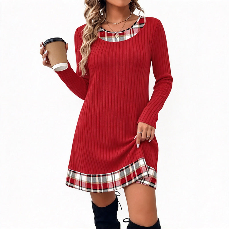 Plaid-Panel Casual Knit Sweater Dress