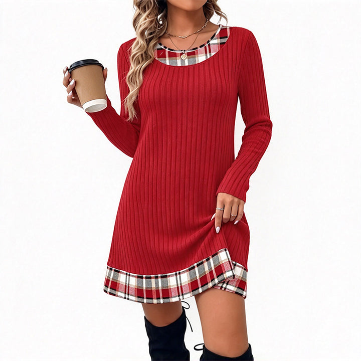 Plaid-Panel Casual Knit Sweater Dress
