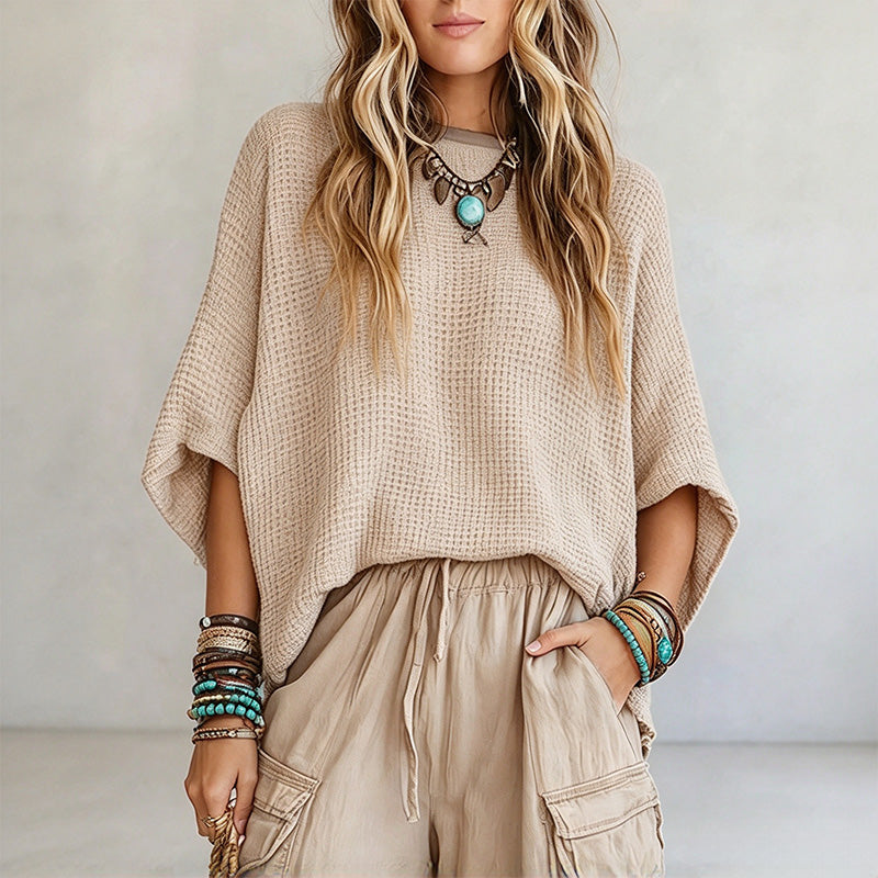 New Retro Waffle-Knit Batwing-Sleeve Top