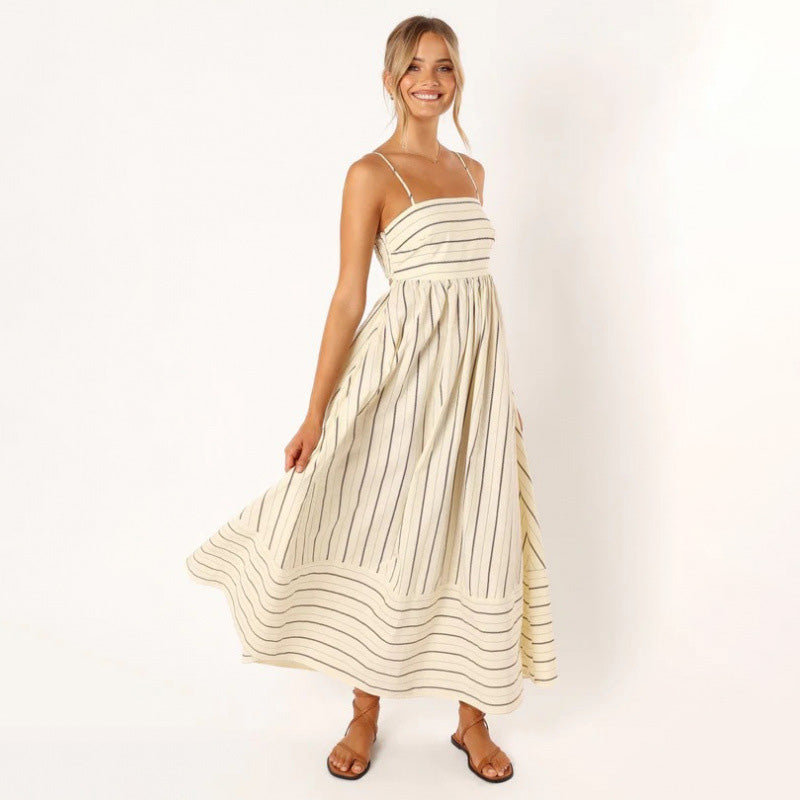 Striped Backless Spaghetti-Strap Dress