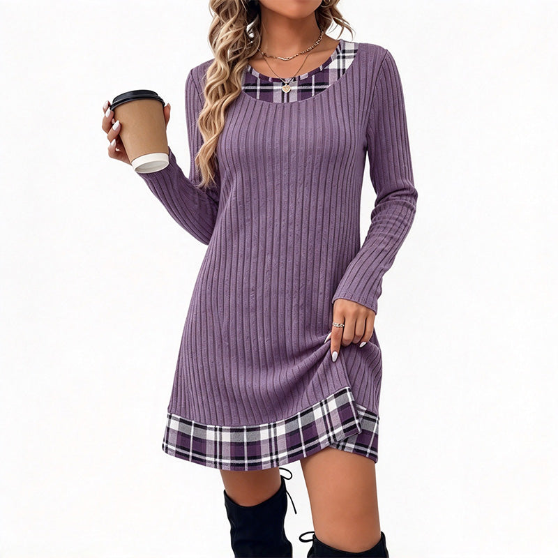 Plaid-Panel Casual Knit Sweater Dress