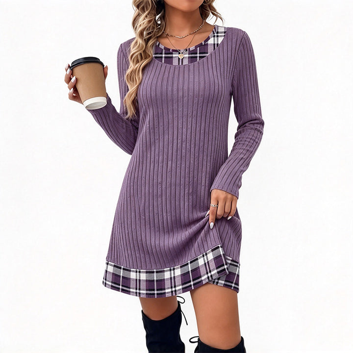 Plaid-Panel Casual Knit Sweater Dress