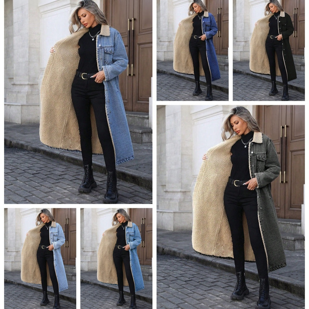 Oversized, long-line, fleece-lined denim jacket
