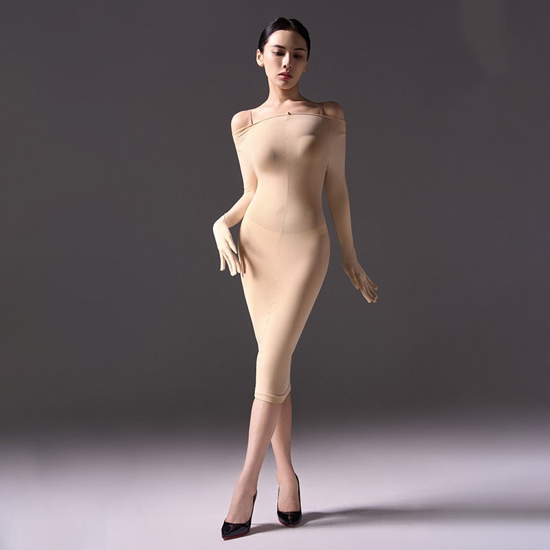 Mysterious, form-fitting, bodycon dress.