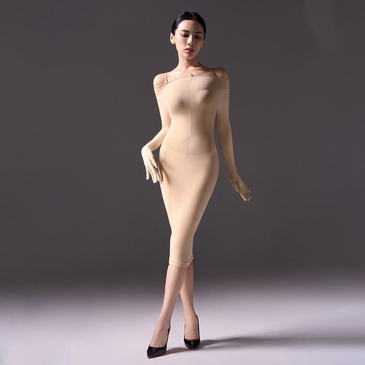 Mysterious, form-fitting, bodycon dress.