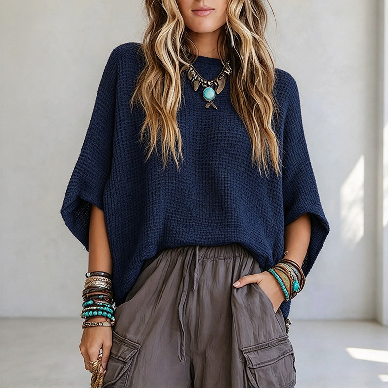 New Retro Waffle-Knit Batwing-Sleeve Top