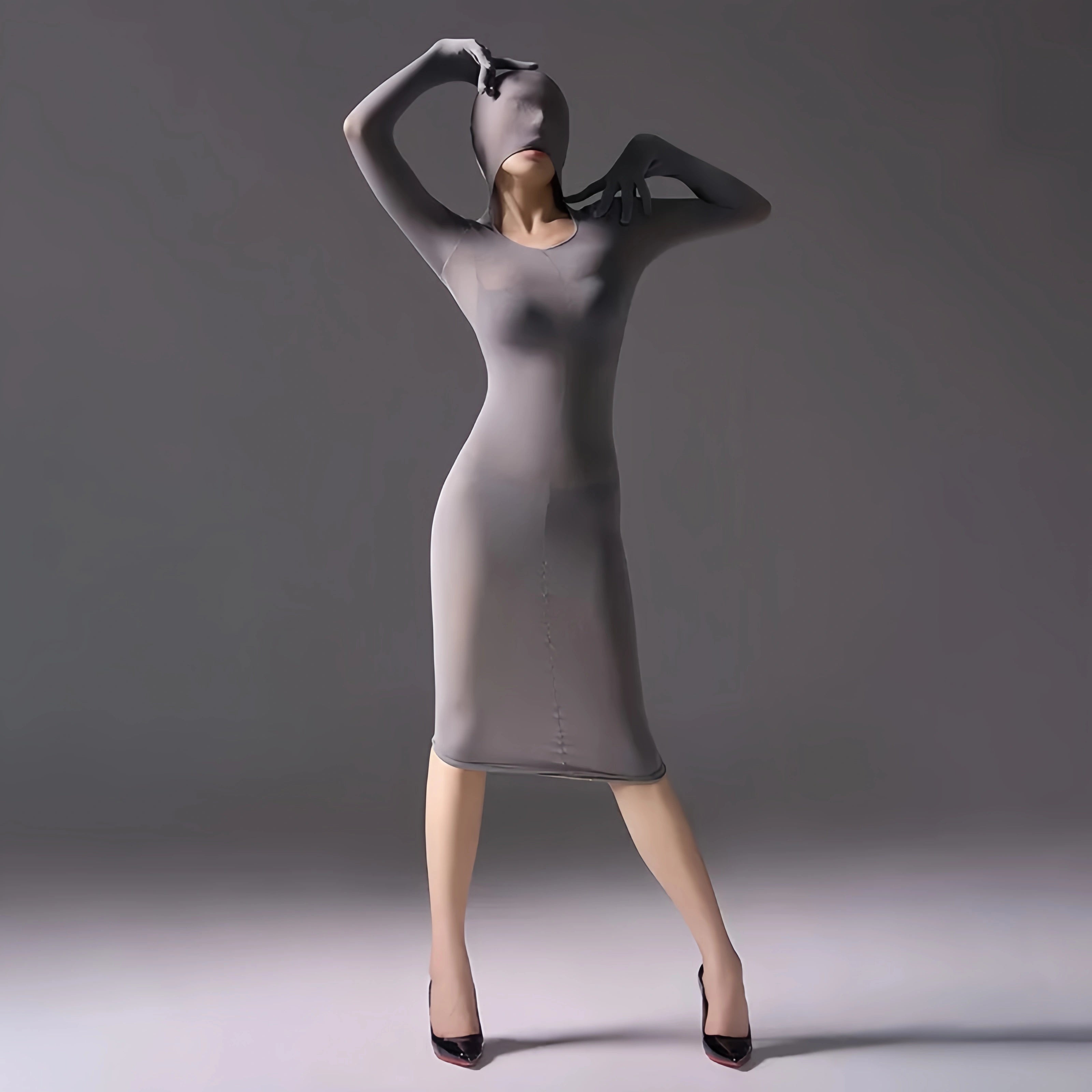Mysterious, form-fitting, bodycon dress.