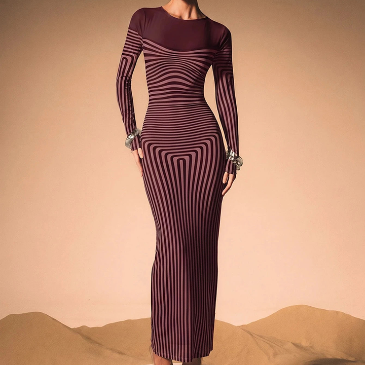 Viral striped long-sleeve mesh dress featuring an optical illusion