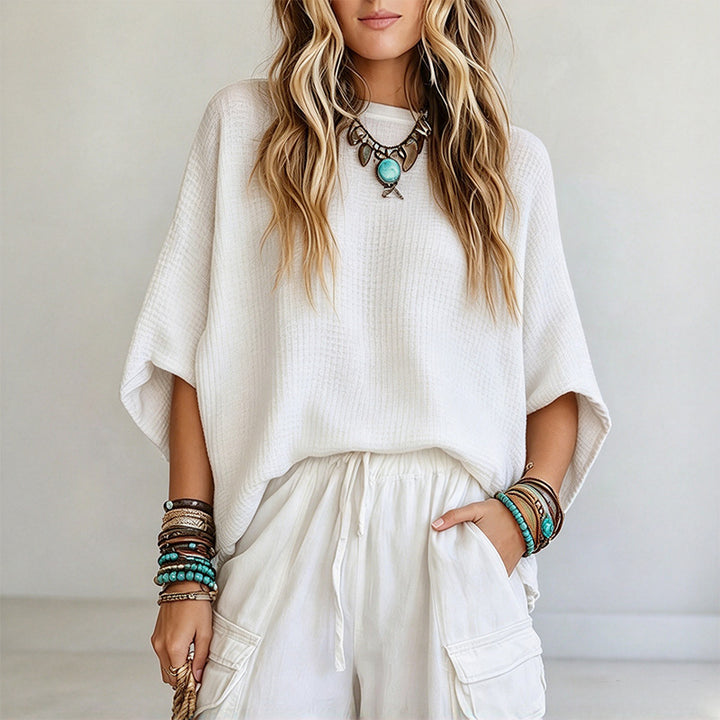 New Retro Waffle-Knit Batwing-Sleeve Top