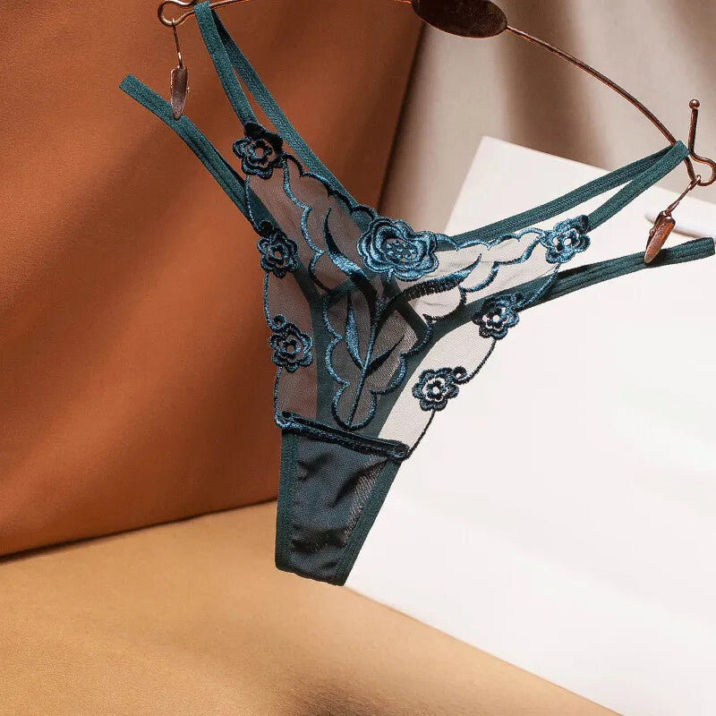 Embroidered Women's Thong Transparent Mesh
