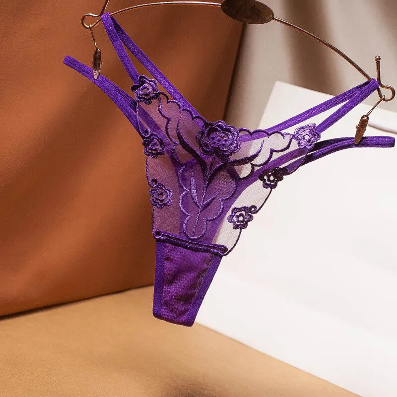 Embroidered Women's Thong Transparent Mesh