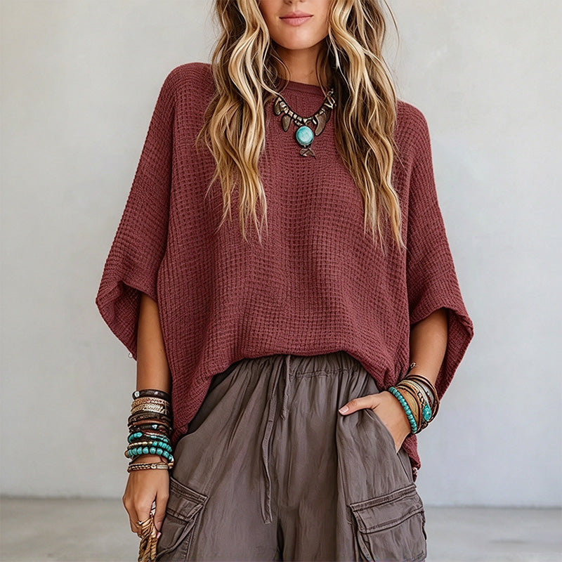 New Retro Waffle-Knit Batwing-Sleeve Top