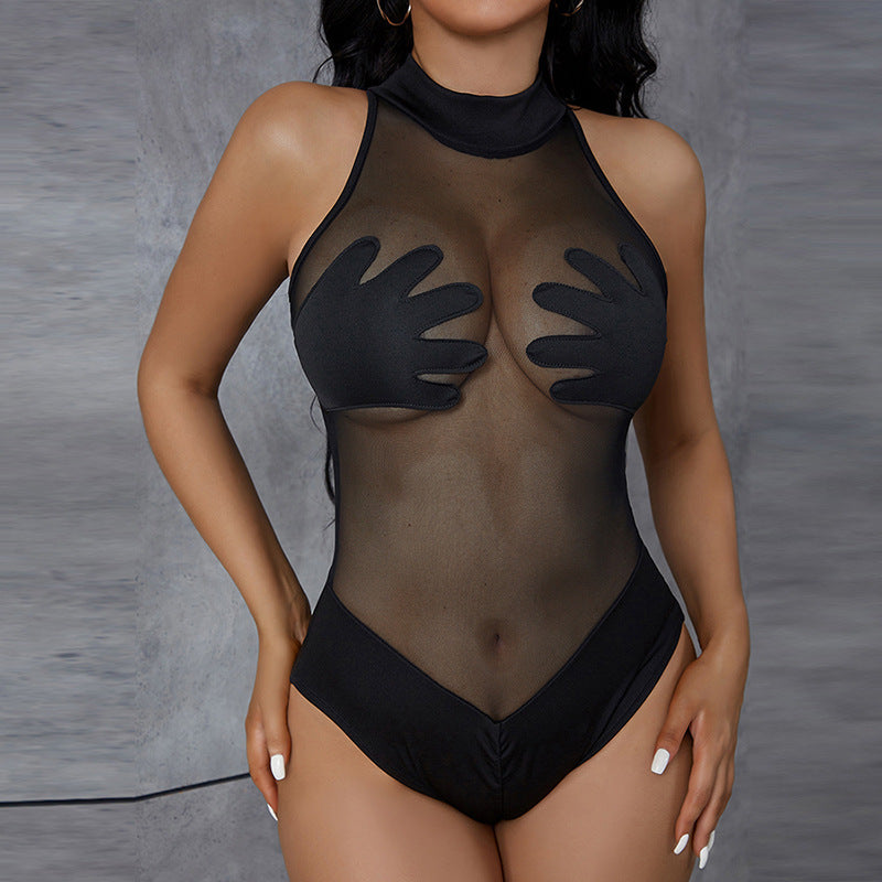 Sheer Mesh Bodysuit with Hand Print Design