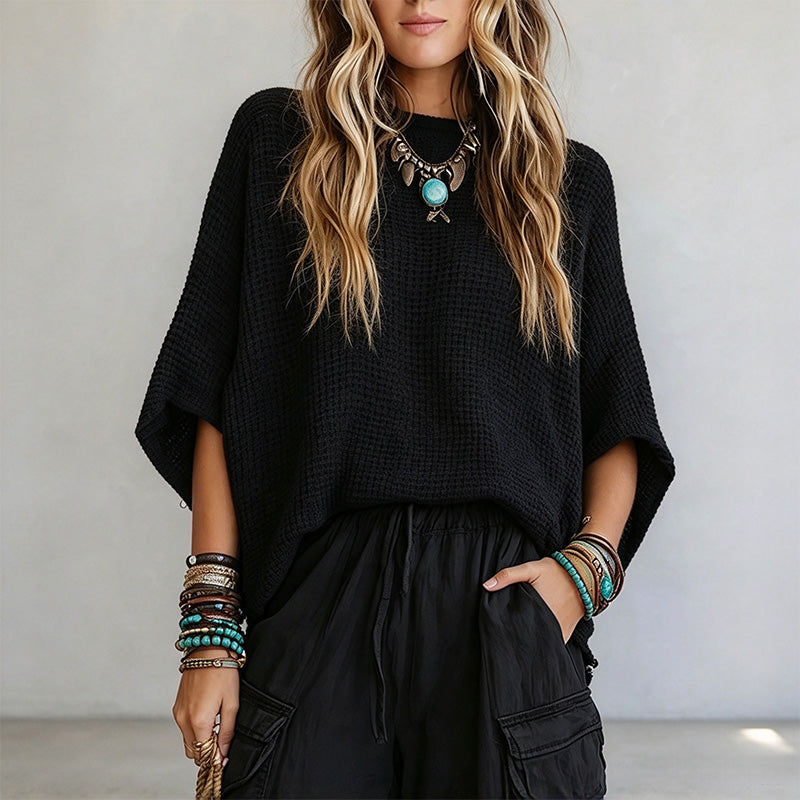 New Retro Waffle-Knit Batwing-Sleeve Top