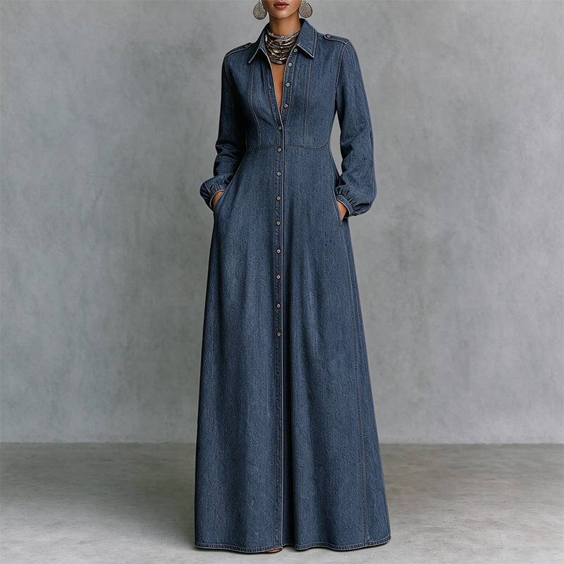 Best-selling slim-fit long-sleeve collared denim dress