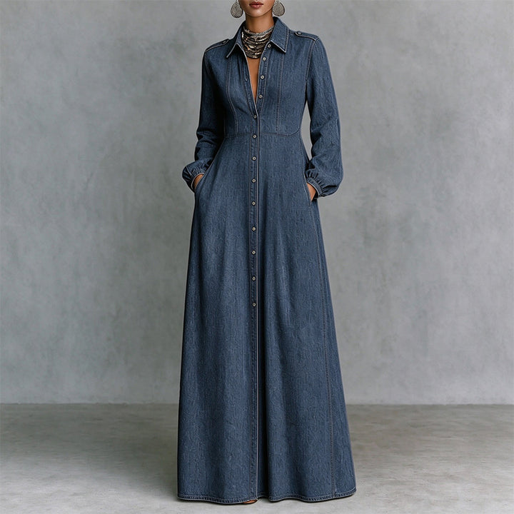 Best-selling slim-fit long-sleeve collared denim dress