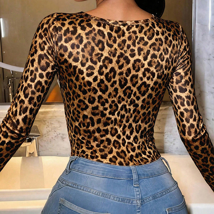 Wild leopard-print long-sleeve top with a low neckline