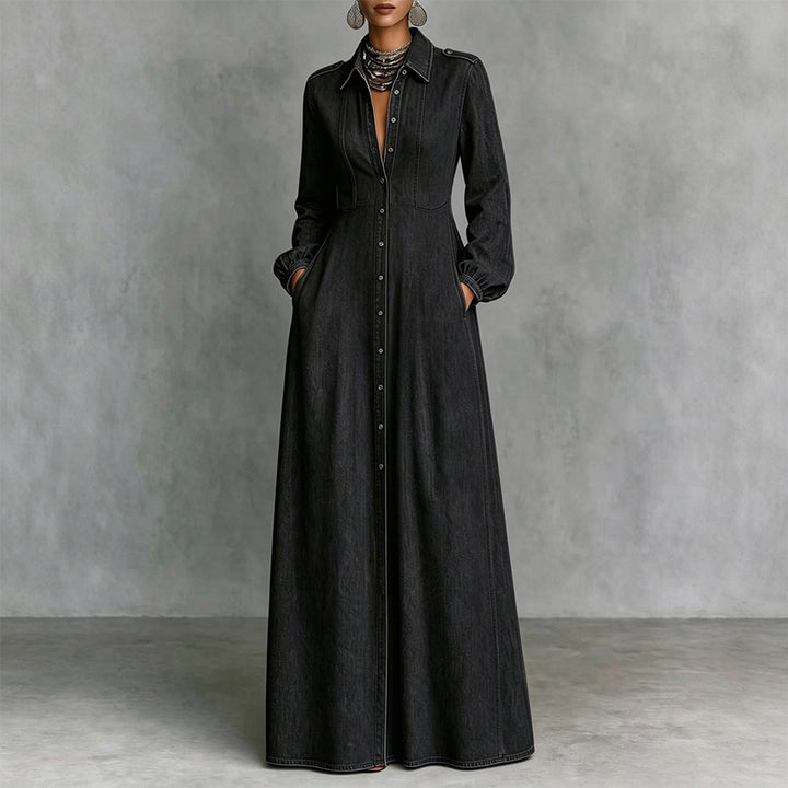 Best-selling slim-fit long-sleeve collared denim dress