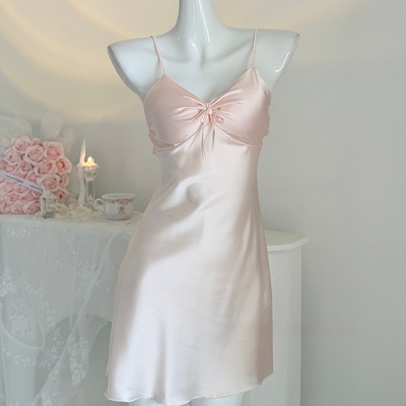 Ice-silk and lace camisole nightdress, featuring built-in pads and a bow detail