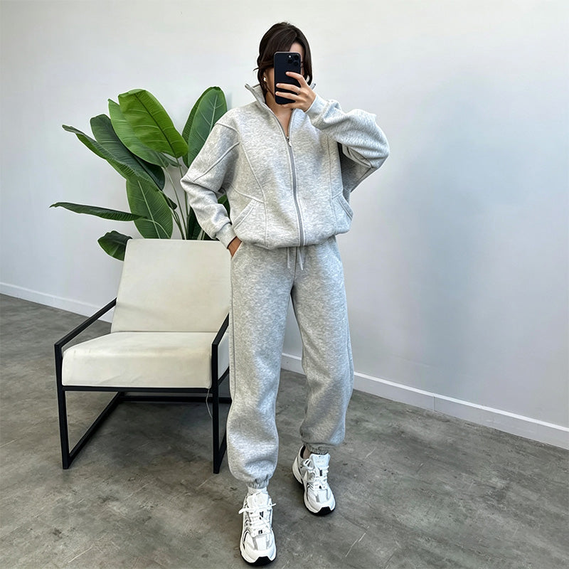 Stylish Solid-Color Long-Sleeve Sweatshirt and Sweatpants Set