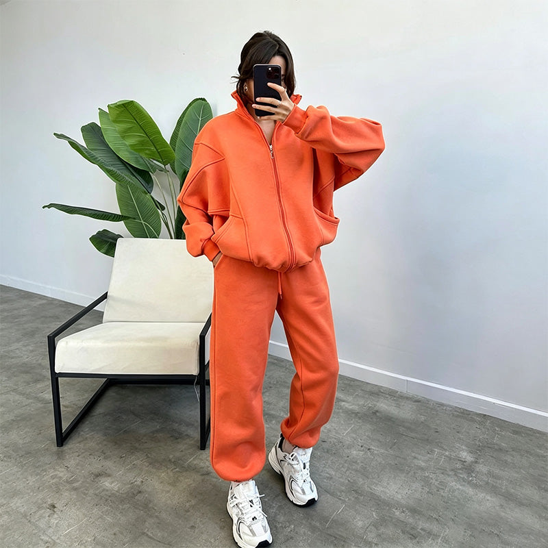 Stylish Solid-Color Long-Sleeve Sweatshirt and Sweatpants Set