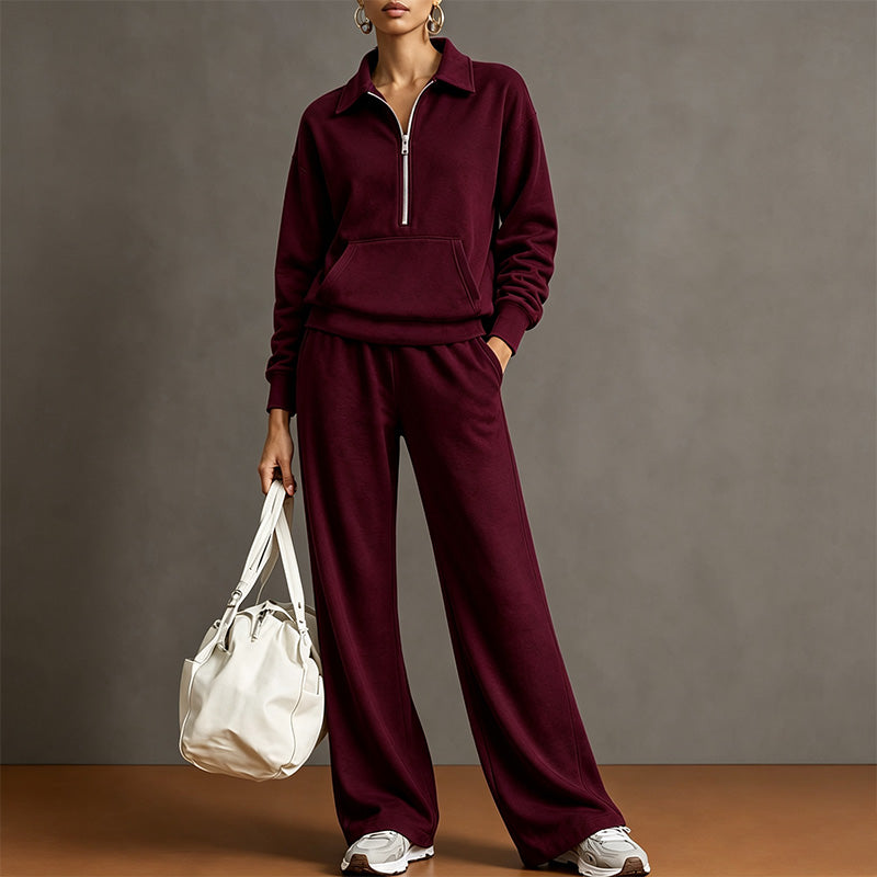Style a half-zip sweatshirt with casual wide-leg trousers