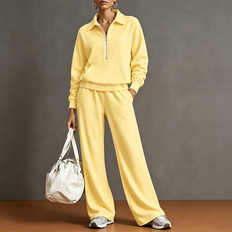 Style a half-zip sweatshirt with casual wide-leg trousers