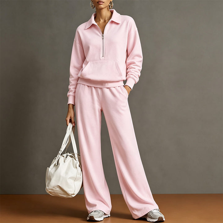 Style a half-zip sweatshirt with casual wide-leg trousers