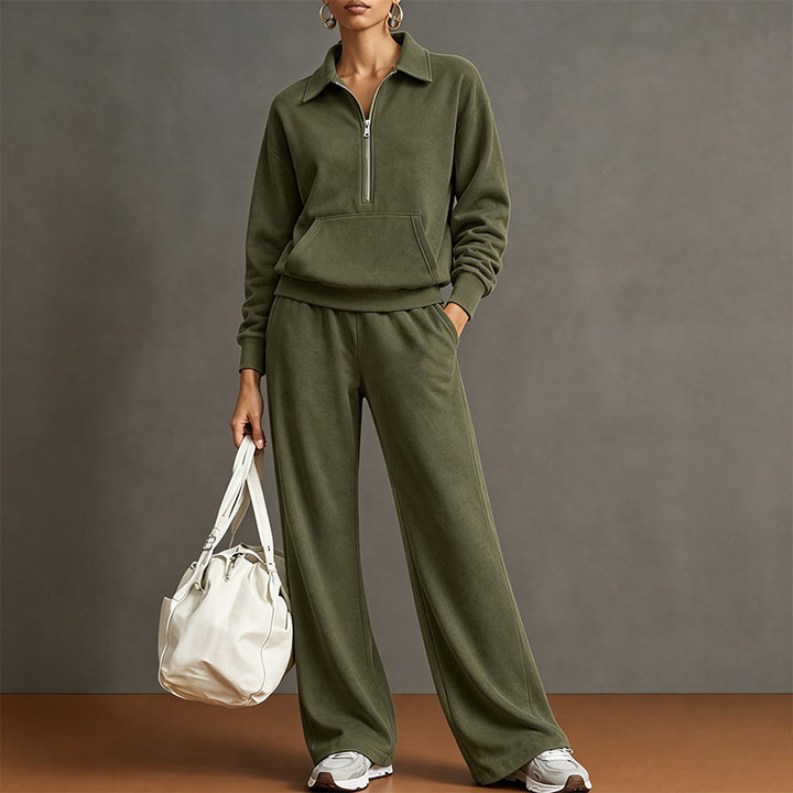 Style a half-zip sweatshirt with casual wide-leg trousers