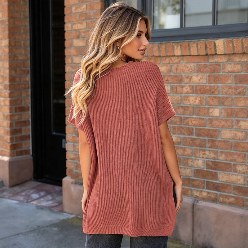 New Summer Solid-Color Loose-Fit Drop-Shoulder Short-Sleeve Top