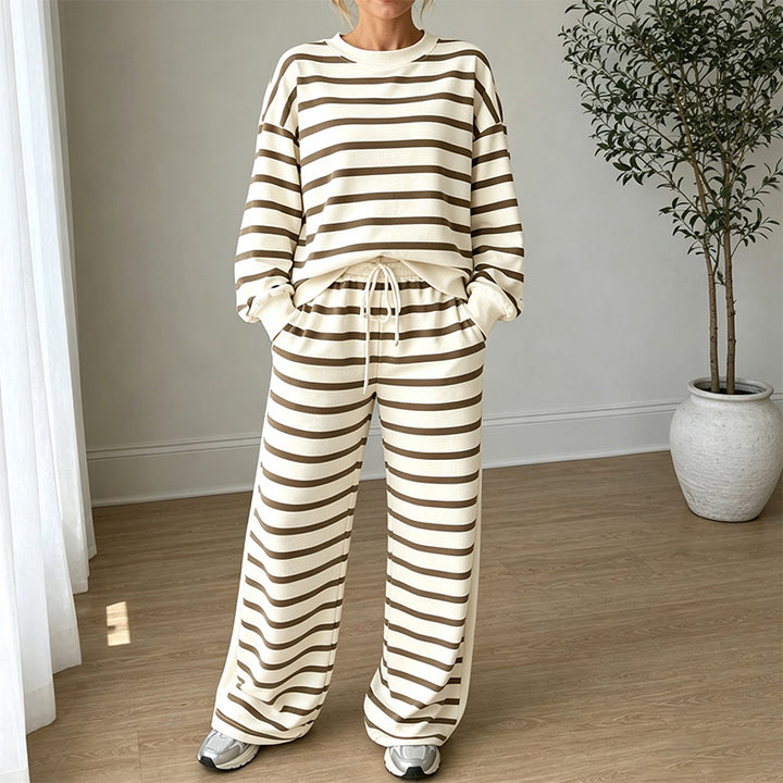 New High-Waisted Striped Long-Sleeve Set (Drapey Texture)