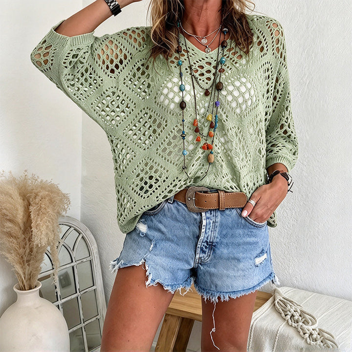 Spring/Summer V-neck batwing-sleeve knit pullover