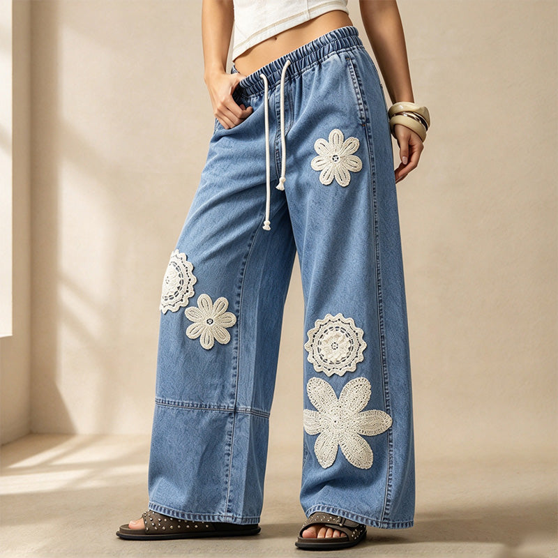 Autumn Blue and White Print Loose Wide-Leg Trousers