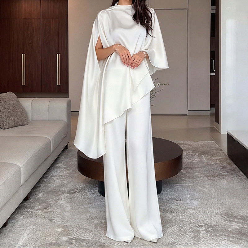 Drapey satin cape-style top and wide-leg trousers