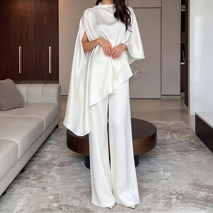 Drapey satin cape-style top and wide-leg trousers