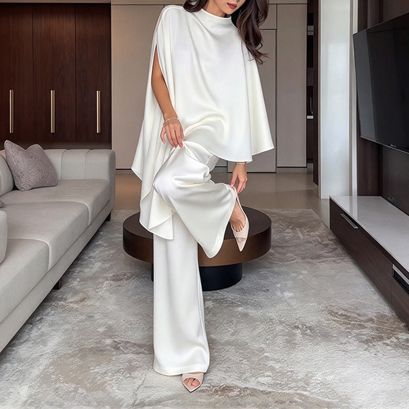 Drapey satin cape-style top and wide-leg trousers