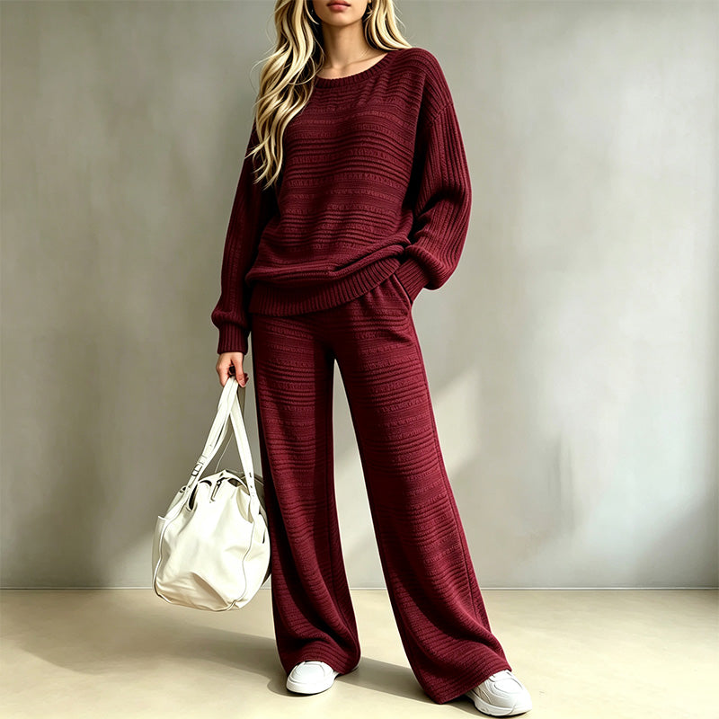 Autumn/Winter Long-Sleeve Knit Top and Wide-Leg Pants Casual Set