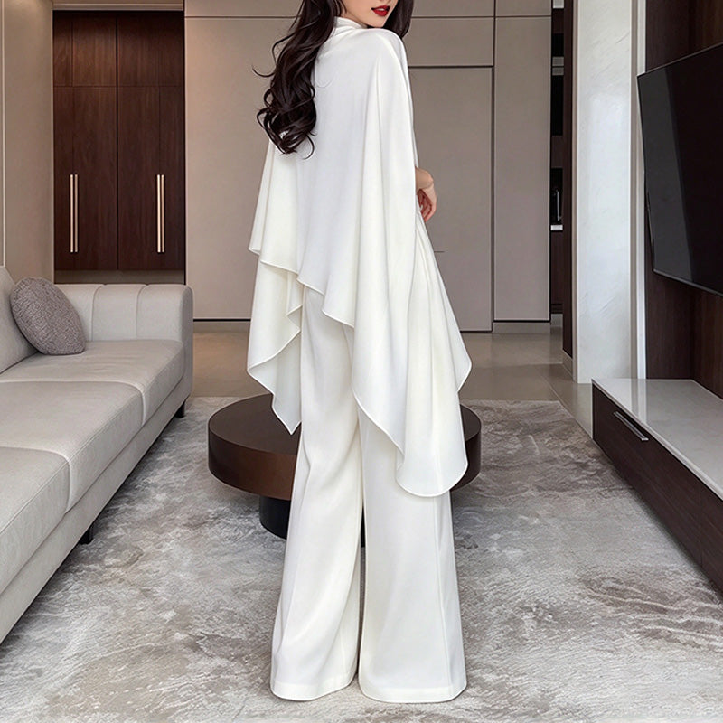 Drapey satin cape-style top and wide-leg trousers