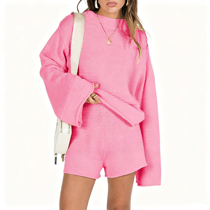 New solid-color flared-sleeve top and trousers set