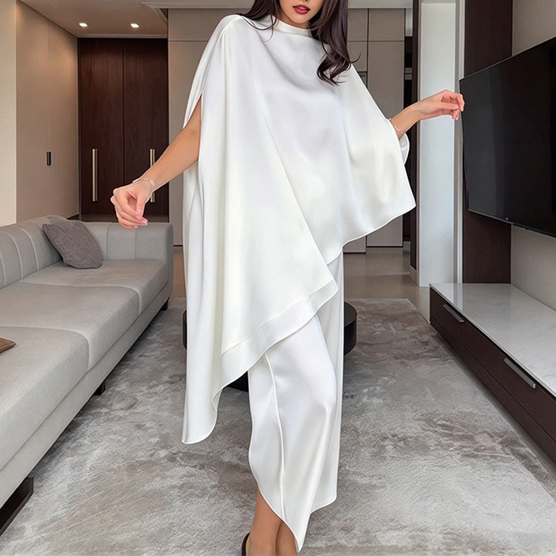 Drapey satin cape-style top and wide-leg trousers