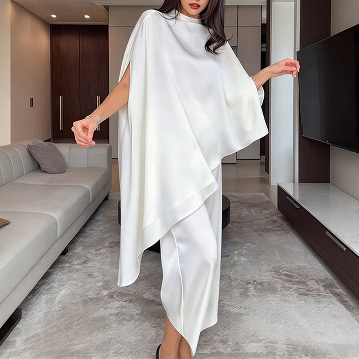 Drapey satin cape-style top and wide-leg trousers