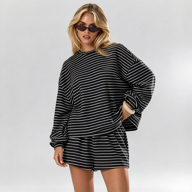 New loose-fit striped long-sleeve two-piece set