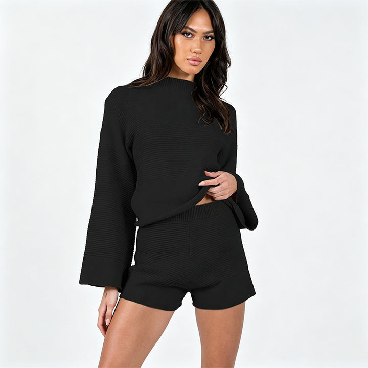 New solid-color flared-sleeve top and trousers set