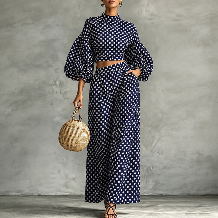 Autumn Two-Piece Set: Polka-Dot Cropped Top and Wide-Leg Trousers