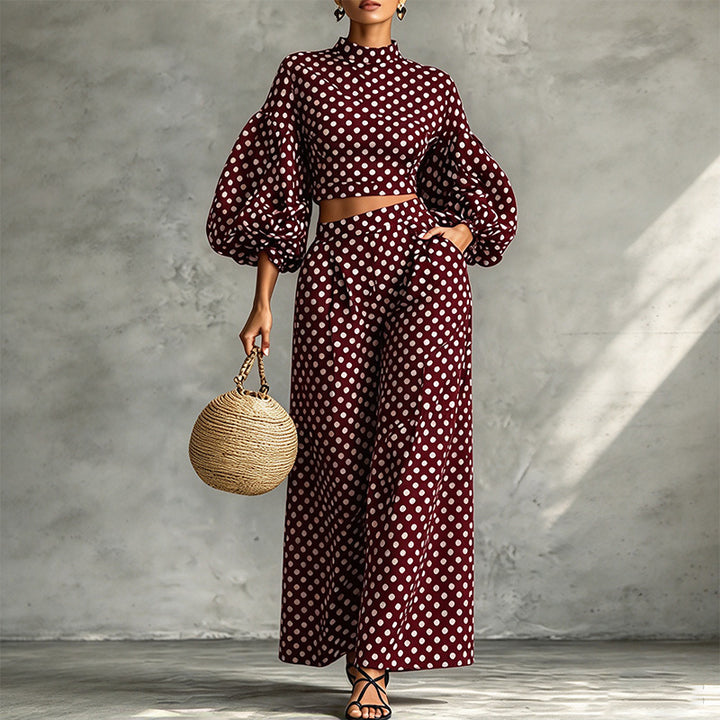 Autumn Two-Piece Set: Polka-Dot Cropped Top and Wide-Leg Trousers