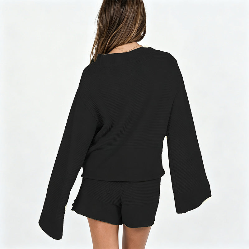 New solid-color flared-sleeve top and trousers set