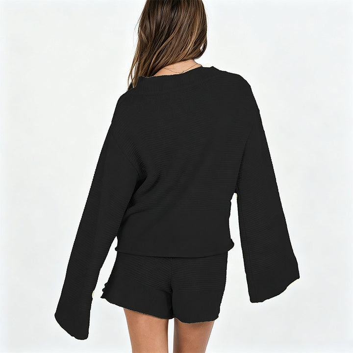 New solid-color flared-sleeve top and trousers set